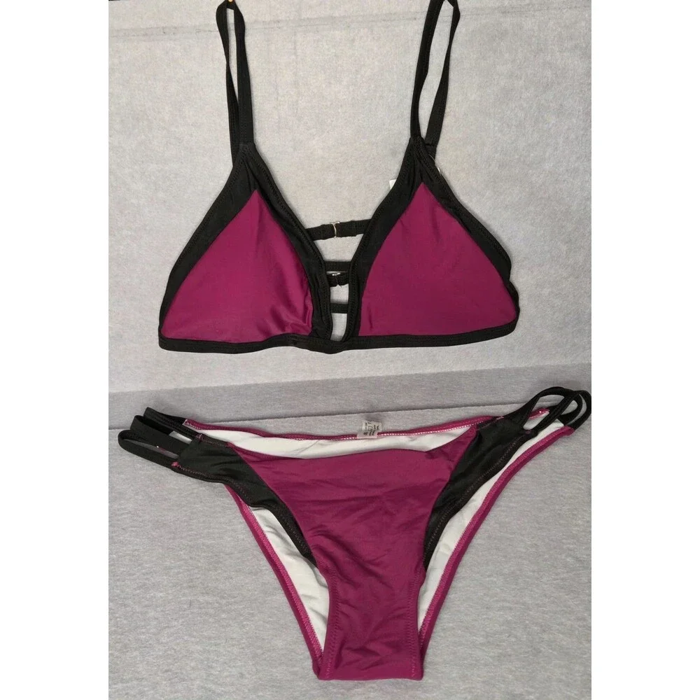 CUPSHE Fushia/Black Trim Swimwear Sz 2XL Bikini Set Strappy Cutout 2 Pc Swimsuit